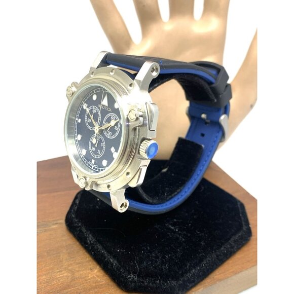 Nautica Men's Watch A35090 Quartz Chronograph Black Blue Rubber Strap 45mm - Picture 2 of 14